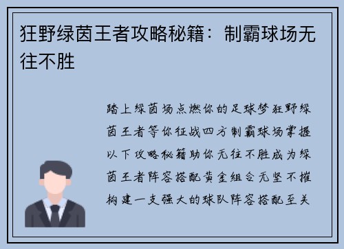 狂野绿茵王者攻略秘籍：制霸球场无往不胜